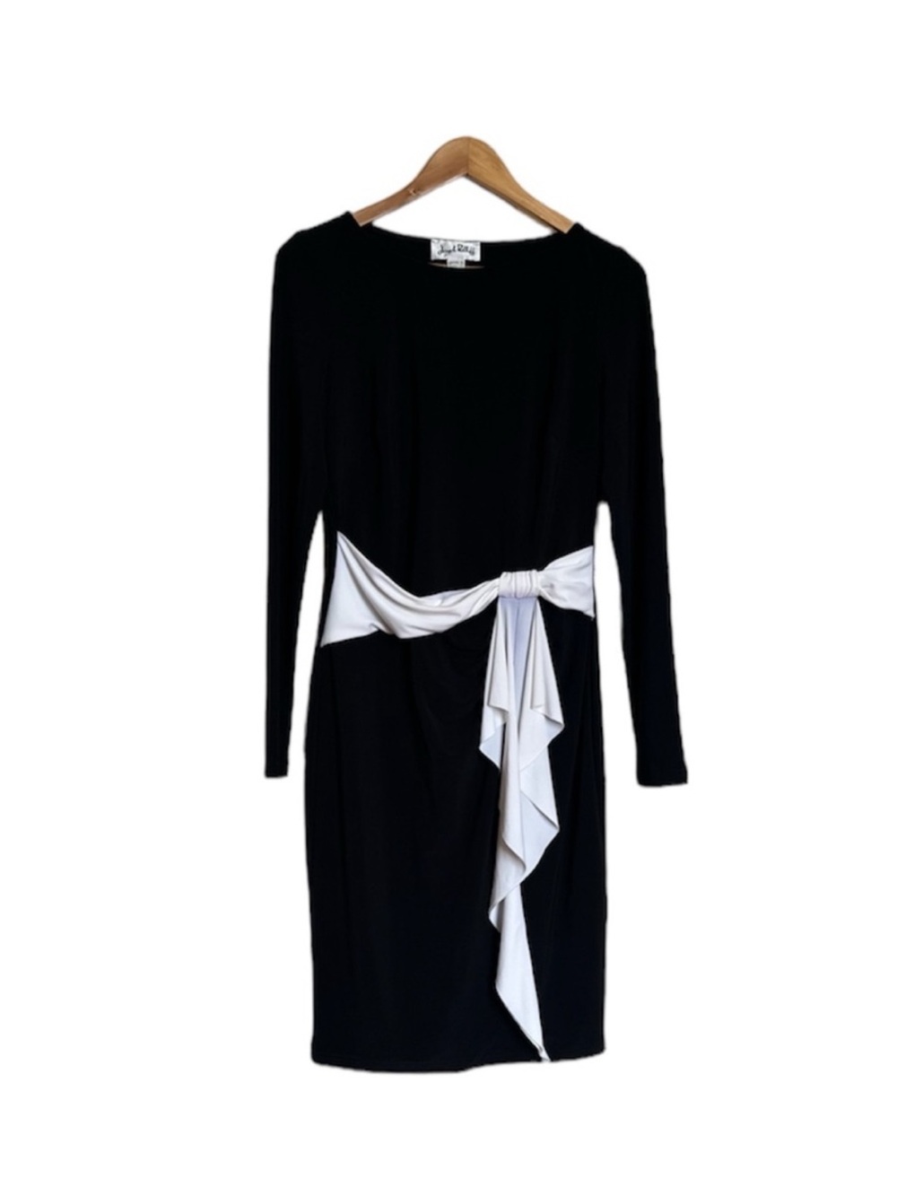 Joseph Ribkoff Black Long-Sleeve Dress with White Tie Sash. Size 10.